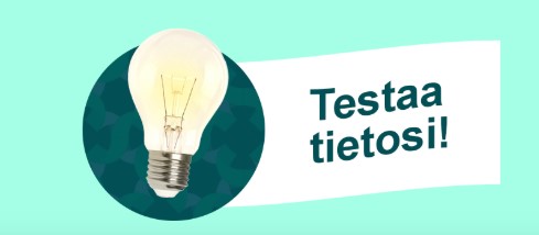 Sähkölampun kuva ja teksti "Testaa tietosi", kuvituskuva verkkokurssilta