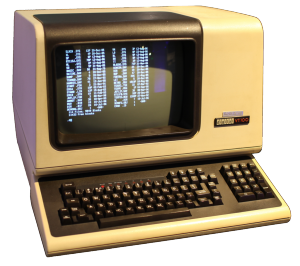 Kuvassa vanha tietokone, sen näyttö ja näppäimistö.